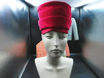 1950S 60S ROSE RED PINK VELVET AND SATIN HIGH TOP LAYERED  HAT, View more