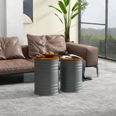 Round Side Table Set of 2, Nesting Coffee Tables w/ Wooden Lid, View more