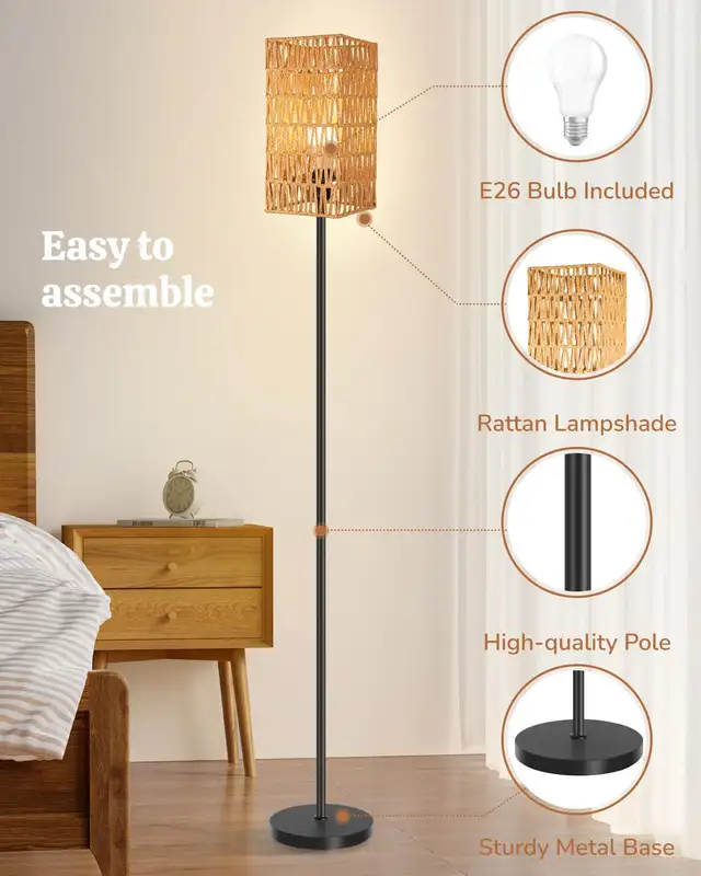 Rattan Floor Lamp for Living Room, 62" Tall Standing Lamp  in Indoor Lighting & Fans in Markham / York Region - Image 6