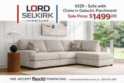 6129 - Sofa with Chaise in Hush Parchment Sale Price: $1499.00 Dimensions: 40"D x 117.5"W x 79”L x 4...