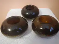 Three (3) Round art glass brown candle holders, Italy 5" Dia.