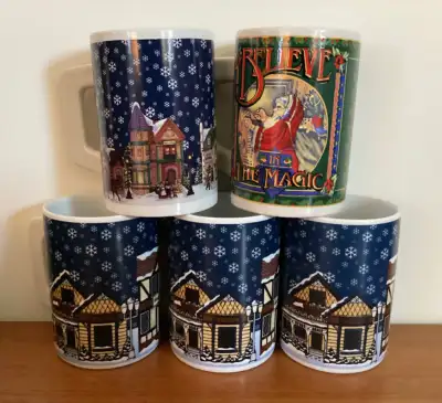 These very generous sized Christmas mugs hold 16oz each and they are all in excellent condition. Thr...