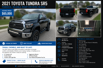 This used 2021 Toyota Tundra SR5 4x4 comes equipped with a powerful 5.7L V8 i-FORCE engine and a 6-s...