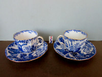 2 Sets 1933 Royal Crown Derby Blue Mikado Cups & Saucers England