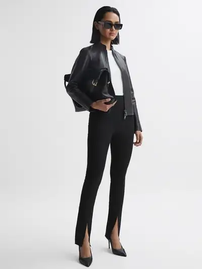 REISS Women Allie Black Leather Fitted Biker’s Jacket Size 0 US, View more