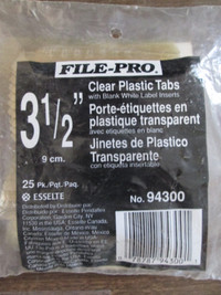 pkg of 25 File Pro 3 1/2 inch clear plastic tabs with label inse
