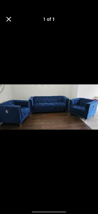 sofa set velvet blue, dining set, 3 bar stools, View more