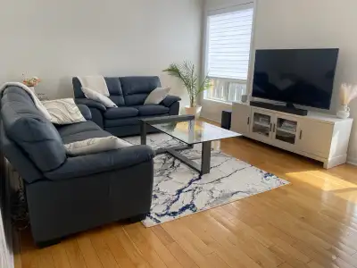Moving Sale Leon’s - Kendrick Leather Sofa - Blue 100% Genuine Leather 1 year old Sofa is 1300$ and...