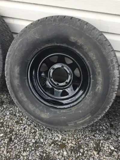 16” 6 bolt 4 1/4” centre hub, less than 1000 km, Rims professionally painted with industrial Endura...