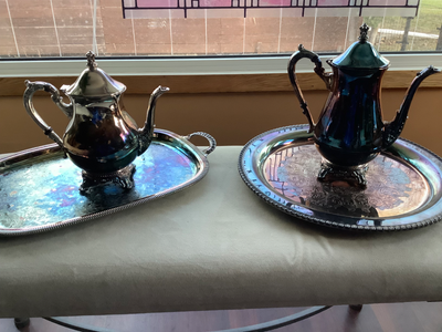 Plated silver coffee, tea server with two serving trays, also plated.