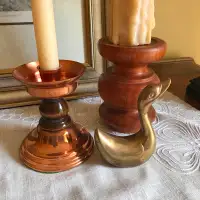 Vintage Brass Swan, Turned Wood & Coppercraft Candle Holders