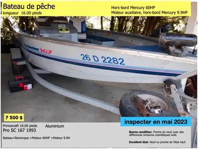 Princecraft  Pro SC 167 1993 Hors-bord Mercury 60HP Moteur auxiliaire, hors-bord Mercury 9.9HP inspe...