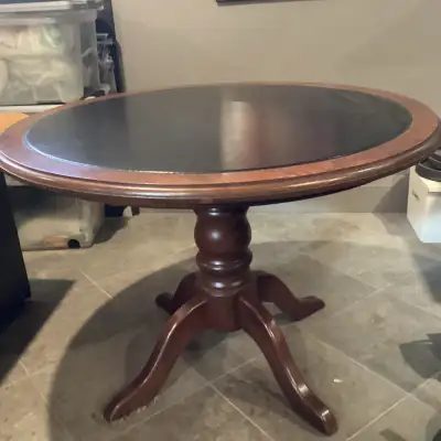 Antique oak and leather table, View more