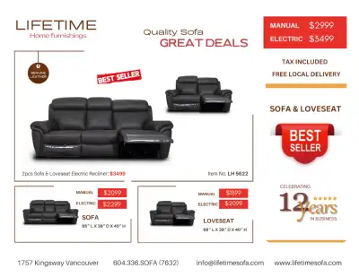 Item No. LH 5622 SOFA & LOVESEAT WAS $3999 NOW $2999 Colors Available: Black, Brown, Dark Grey, Ligh...
