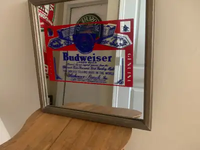 VINTAGE SMALL BUDWEISER BEER BAT MIRROR SIGN, View more