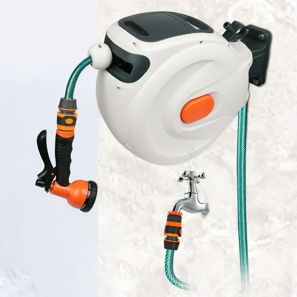 Retractable Water Garden Hose Reel, 7 Sprayer Modes, Wall Mount