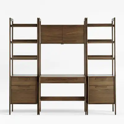 Crate and Barrel Tate Walnut Bookcase Desk with Outlet with 2 Bookcase File Cabinets Ash gray color,...