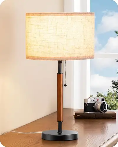 Mid-Century Table Lamp – Pull Chain | Wood & Black Metal Base, View more
