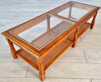 Vintage French Solid Wood Glass Top Caned Shelf tables set