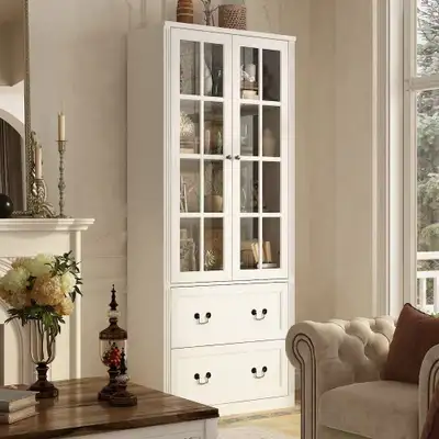 White Wood Pantry Buffet Cabinet with Glass Doors, 2 Drawers & Adjustable Shelves for Kitchen or Din...
