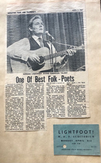 Gordon Lightfoot 1967 news article and show ticket 
