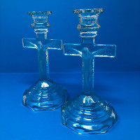 Pair Frosted Crucifix Cross Taper Candlestick Holders