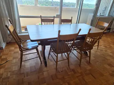 Vintage wood dining table and chairs, View more