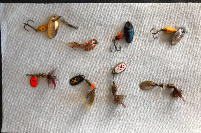 Fishing spinners Top row are 4 Panther Martins and the bottom row are 4 Mepps Cross posted West Leth...
