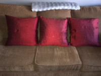 3 Red Beaded throw Pillows