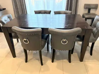 Dining Table Set – Brown Wood Table & 6 Gray Leather Chairs, View more