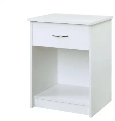 Selling a brand new set of 2 white nightstands, each featuring a smooth single drawer and open shelf...