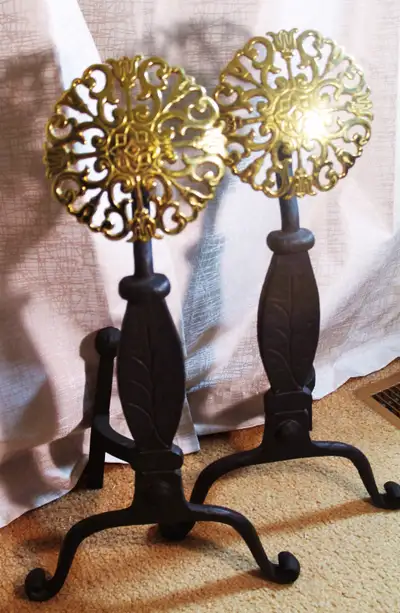 Classical design on these high quality andirons made by Virginia Metal Crafters (est. 1890) with a d...