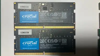 1) Crucial DDR5 kit — 16GB total (2×8GB) • 2× Crucial 8GB DDR5-5600 SODIMM 1.1V CL46 • Model: CT8G56...