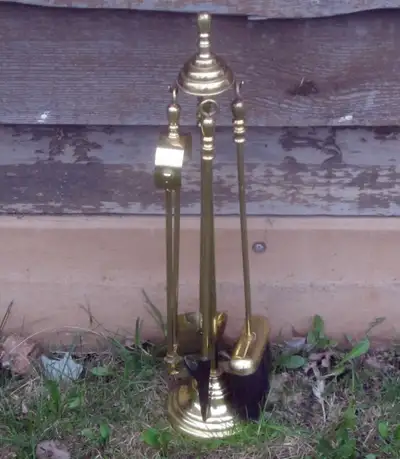 $60 Vintage brass fireplace wood stove 4 tool set on stand, View more