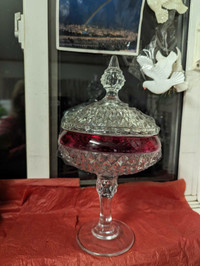 New crystal candy dish, burgundy and crystal