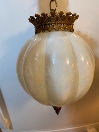 Vintage Opalescent Ribbed Hanging Swag Lamp Milk Glass Globe