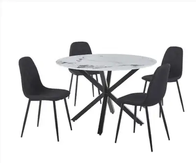 White Marble Dining Table | Black X-Base with 4 Black Chairs, View more