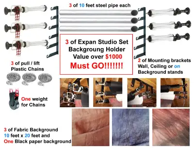 3 of Expan Studio Set Background Holder 3 of 10 feet steel pipe each 3 of pull / lift Plastic Chains...
