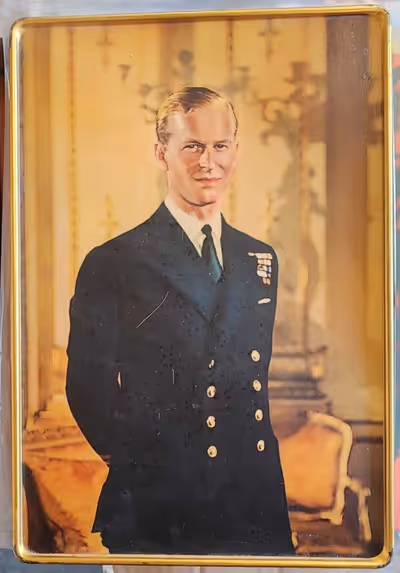 Prince Philip & Royal Navy Ships~ 1950's biscuit TIN Sharp & Sons RARE/VINTAGE