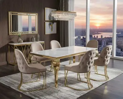 Marble Dining Table Set with Tufted Chairs – Modern 6 Seater, View more