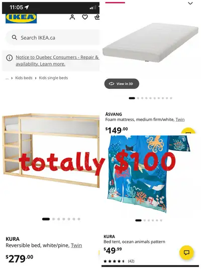 IKEA solid wood bed frame, memory foam mattress, and rainforest tent canopy. Kept in like-new condit...