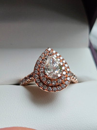 Teardrop diamond with halo, rose gold engagement ring
