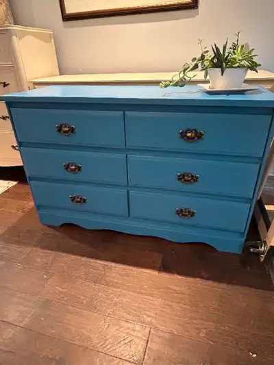 Ocean blue wood refinished six drawer dresser 50 “ x 15x 30”tall