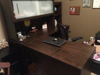 Office desk sectional, ergonomic chair and foot rest
