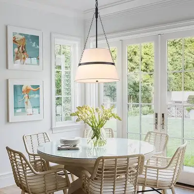 Modern 4-Light Farmhouse Chandelier - White Linen Fabric Pendant, View more