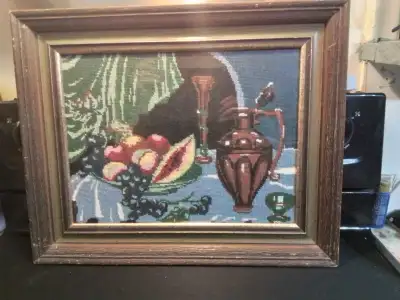 Vintage Large Embroidery, Solid Wood Frame, "Fruit and Wine", View more