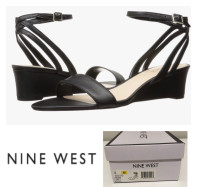 NINE WEST - 8 - NWT - BLACK LEATHER LEWER STRAPPY WEDGE SANDALS