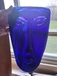 Erik Hoglund Vtg 1960's Blue Kosta Boda Art Glass Face Mask 