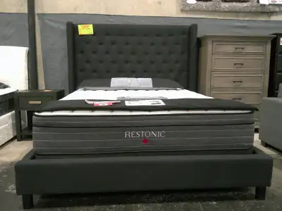 Queen Bed Frame, charcoal fabric, incl HB, FB, rails, and slats, View more