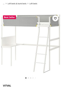 IKEA VITVAL Loft bed frame with desk top, white/light gray, Twin